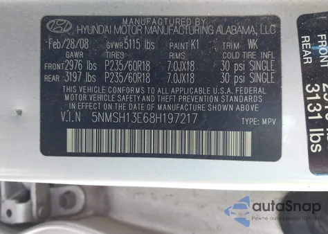 2008 Hyundai Santa Fe Limited/Se из США, поврежденный, VIN 5NMSH13E68H197217